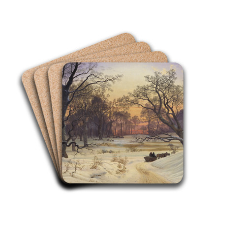 Winter Night in a Forest by Vilhelm Kyhn Drink Coasters - set of 4 Winter Night in a Forest by Vilhelm Kyhn Drink Coasters - set of 4