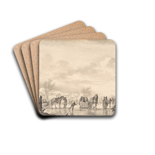Winter Landscape with Skaters and Horse-Drawn Sledges on the Ice, a Village Below by Andries Vermeulen Drink Coasters - set of 4 Winter Landscape with Skaters and Horse-Drawn Sledges on the Ice, a Village Below by Andries Vermeulen Drink Coasters - set of 4