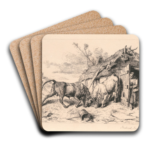 Two Bulls fighting by a Cottage by John Frederick Tayler Art Drink Coaster set