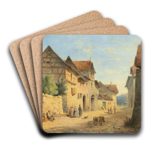 Village Road With Many Decorative Figures by Carl Lafite Art Drink Coaster set