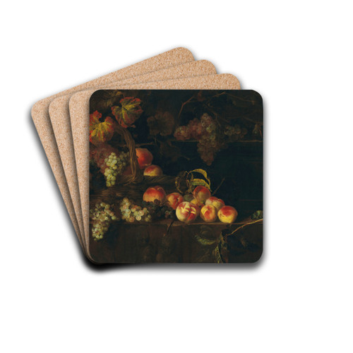 Grapes and peaches in a wicker basket with other fruit on a ledge, a landscape beyond by Nicolas de Largillire Drink Coasters - set of 4