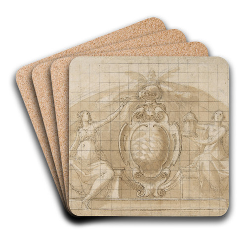 Design for a Lunette Decoration; Coat of Arms Flanked by Seated Allegorical Figures by Cristoforo Roncalli Art Drink Coaster set