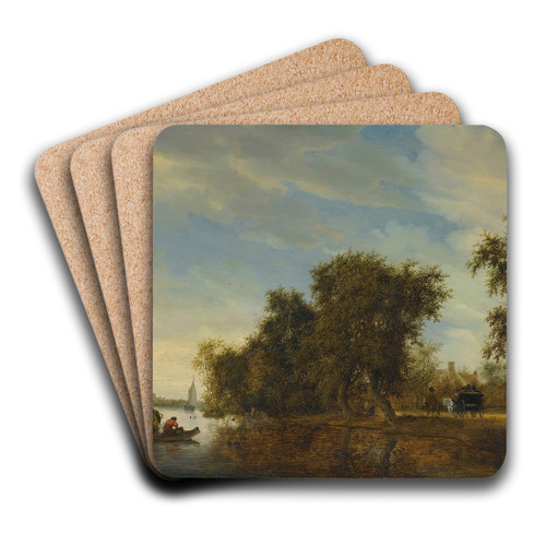 A River Landscape With A Ferry Boat by Jacob Salomonsz. van Ruysdael Art Drink Coaster set