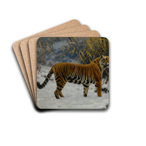A Tiger Prowling In The Snow by Hugo Ungewitter Drink Coasters - set of 4 A Tiger Prowling In The Snow by Hugo Ungewitter Drink Coasters - set of 4