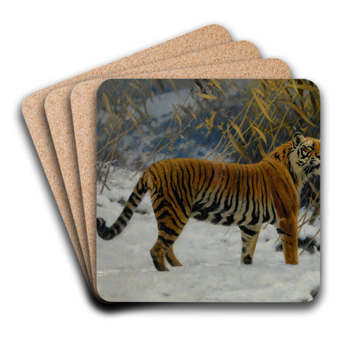 A Tiger Prowling In The Snow by Hugo Ungewitter Art Drink Coaster set A Tiger Prowling In The Snow by Hugo Ungewitter Art Drink Coaster set