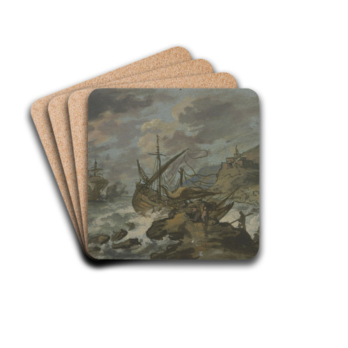 Seesturm an felsiger Kste, vorne ein gestrandetes Schiff by Adriaen van der Cabel Drink Coasters - set of 4 Seesturm an felsiger Kste, vorne ein gestrandetes Schiff by Adriaen van der Cabel Drink Coasters - set of 4