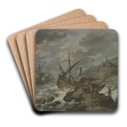 Seesturm an felsiger Kste, vorne ein gestrandetes Schiff by Adriaen van der Cabel Art Drink Coaster set Seesturm an felsiger Kste, vorne ein gestrandetes Schiff by Adriaen van der Cabel Art Drink Coaster set