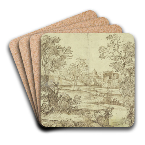 Landschaft mit Wasser, Baumgruppen und Gebuden by Giovanni Francesco Grimaldi Art Drink Coaster set