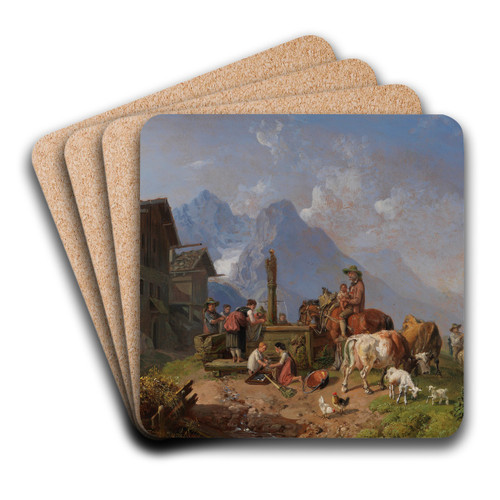 Gebirgsdorf mit Brunnen. Im Hintergrund das Wettersteingebirge by Heinrich Brkel Art Drink Coaster set