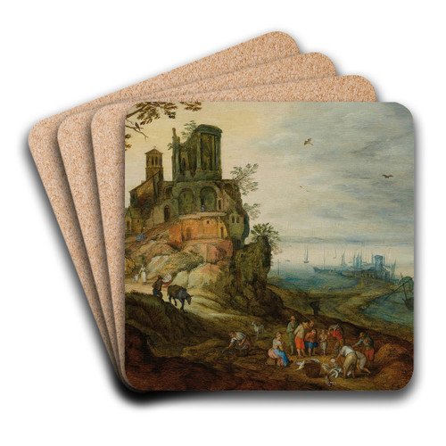 River Landscape With Fisherman by Circle of Jan Brueghel The Younger Art Drink Coaster set