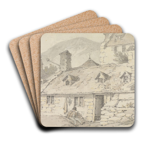 Stone Cottages in a Mountainous Landscape with a Figure in the Foreground by William Alexander Art Drink Coaster set Stone Cottages in a Mountainous Landscape with a Figure in the Foreground by William Alexander Art Drink Coaster set