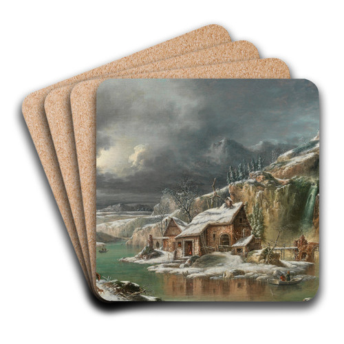 A winter landscape with travellers by a river by Francesco Foschi Art Drink Coaster set
