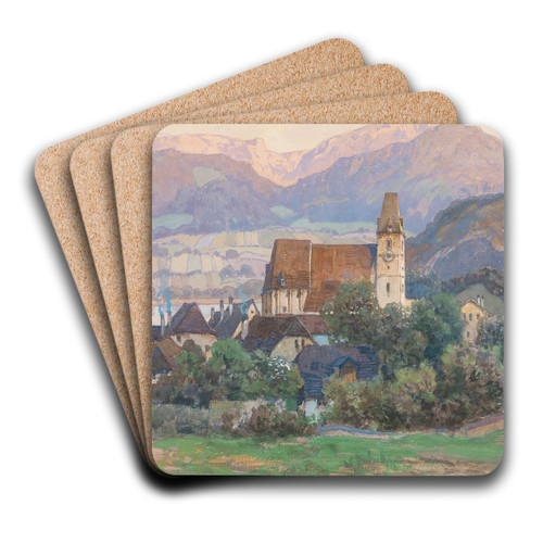 A view of Spitz in the Wachau valley by Fritz Lach Art Drink Coaster set