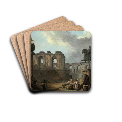 A Roman capriccio with washerwomen by the Statue of Marcus Aurelius by Hubert Robert Drink Coasters - set of 4