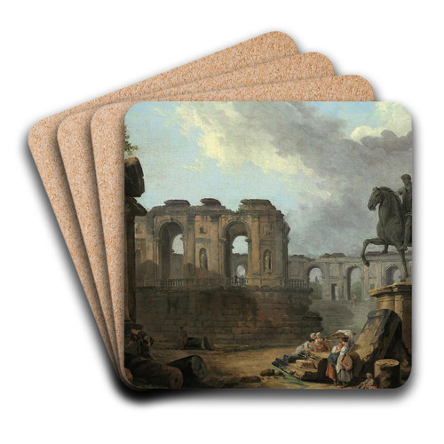 A Roman capriccio with washerwomen by the Statue of Marcus Aurelius by Hubert Robert Art Drink Coaster set