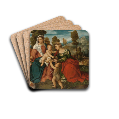 The Holy Family With Saint Dorothy And The Infant John The Baptist, And Tobias With An Angel by Bonifacio Veronese Drink Coasters - set of 4