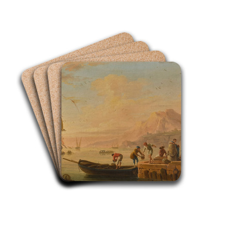 A Mediterranean harbour scene with fishermen unloading their boats by Charles-Franois Grenier De Lacroix Drink Coasters - set of 4 A Mediterranean harbour scene with fishermen unloading their boats by Charles-Franois Grenier De Lacroix Drink Coasters - set of 4
