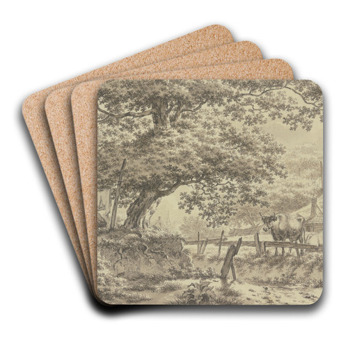 Bei einer groen Eiche aufgehngte Wsche, rechts hinter einem Zaune zwei Khe by Jacob Cats Art Drink Coaster set