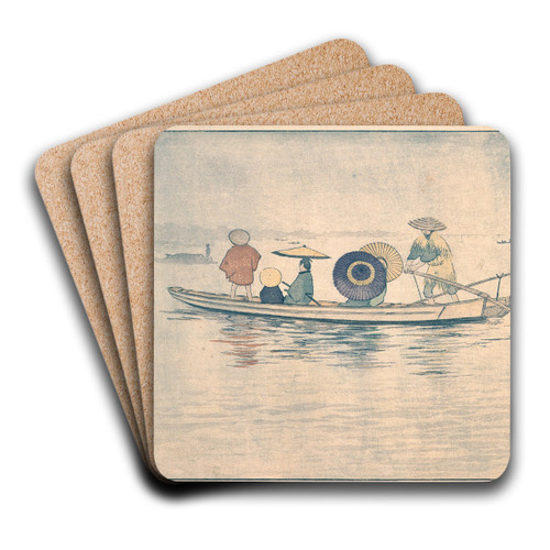 Spring Rain by the kawa River Bridge; The Ferry near the Stables by Kobayashi Kiyochika Art Drink Coaster set