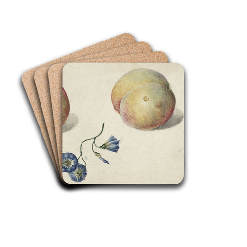 Twee perzikken en een bloem by Georgius Jacobus Johannes van Os Drink Coasters - set of 4 Twee perzikken en een bloem by Georgius Jacobus Johannes van Os Drink Coasters - set of 4
