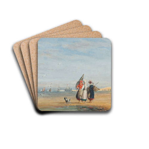 Calais beach with shrimpers and a dog by David Cox Drink Coasters - set of 4