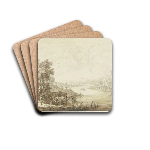 Flusslandschaft, rechts ansteigendes Gebirge, links ein Haus mit einer Brcke, bei der ein Boot landet by Franz Schtz Drink Coasters - set of 4 Flusslandschaft, rechts ansteigendes Gebirge, links ein Haus mit einer Brcke, bei der ein Boot landet by Franz Schtz Drink Coasters - set of 4