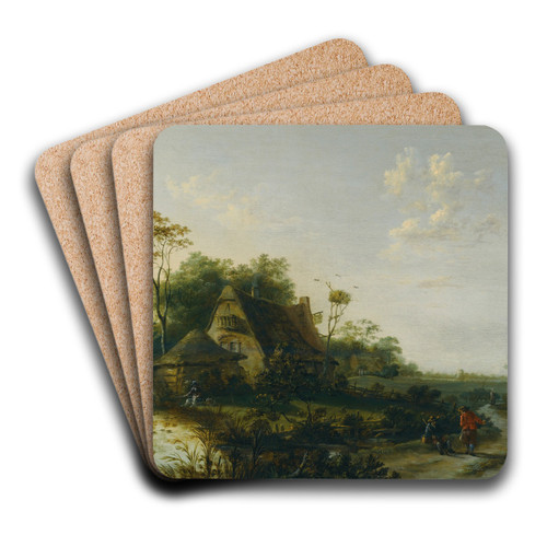 Landscape With Figures Passing By A Cottage And A Pond by Cornelis Snellinck Art Drink Coaster set
