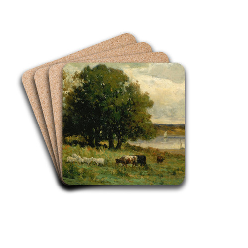 Untitled (cattle near river with sailboat in distance) by Edward Mitchell Bannister Drink Coasters - set of 4