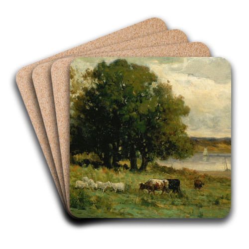 Untitled (cattle near river with sailboat in distance) by Edward Mitchell Bannister Art Drink Coaster set