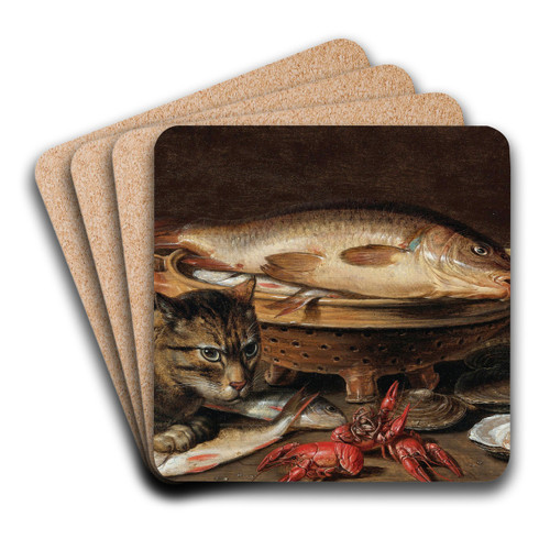 A Still Life With Fish In A Ceramic Collander, Oysters, Langoustines, Mackerel And A Cat On The Ledge Beneath by Clara Peeters Art Drink Coaster set