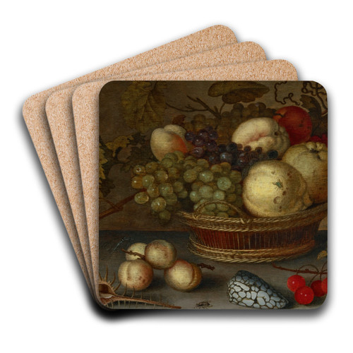 Apples and grapes in a basket, with fruit and shells on a stone ledge by Balthasar van der Ast Art Drink Coaster set