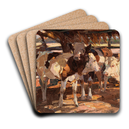 Drei Klber bei der Futterraufe by Heinrich Von Zgel Art Drink Coaster set