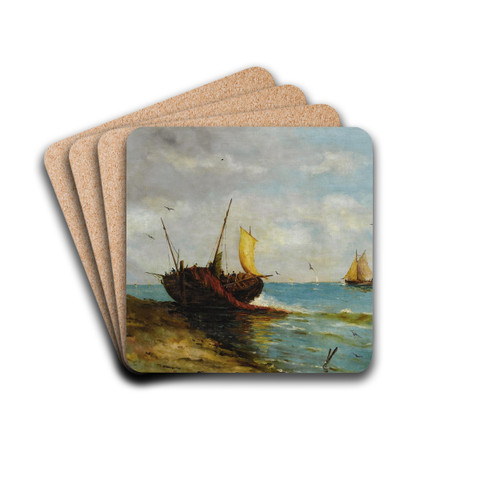 Coastal View with Boats Along the Shore by Carlo Brancaccio Drink Coasters - set of 4 Coastal View with Boats Along the Shore by Carlo Brancaccio Drink Coasters - set of 4