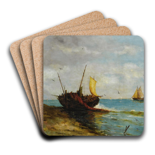 Coastal View with Boats Along the Shore by Carlo Brancaccio Art Drink Coaster set Coastal View with Boats Along the Shore by Carlo Brancaccio Art Drink Coaster set