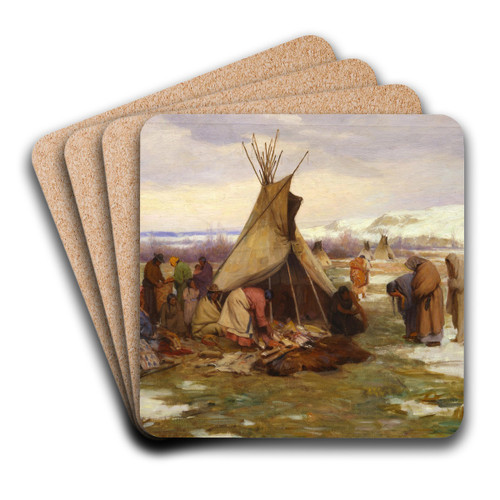 Dividing The Chief's Property by Joseph Henry Sharp Art Drink Coaster set Dividing The Chief's Property by Joseph Henry Sharp Art Drink Coaster set