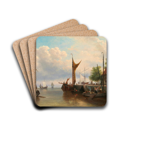 Sailboats in the harbour by Elias Pieter van Bommel Drink Coasters - set of 4 Sailboats in the harbour by Elias Pieter van Bommel Drink Coasters - set of 4