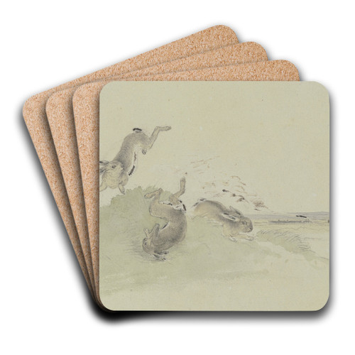 Drei Hasen erschrecken vor der Eisenbahn by Friedrich Wilhelm Keyl Art Drink Coaster set