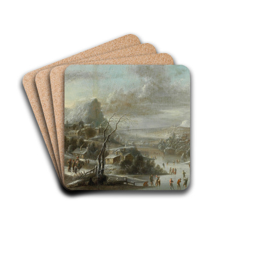 A winter landscape with skaters on a frozen river by Johann Christian Vollerdt Drink Coasters - set of 4
