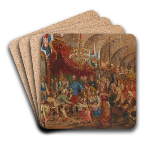 The Emperor in the Sukiennice (Cloth Hall) Among the People of Krakow by Hipolit Lipiski Art Drink Coaster set