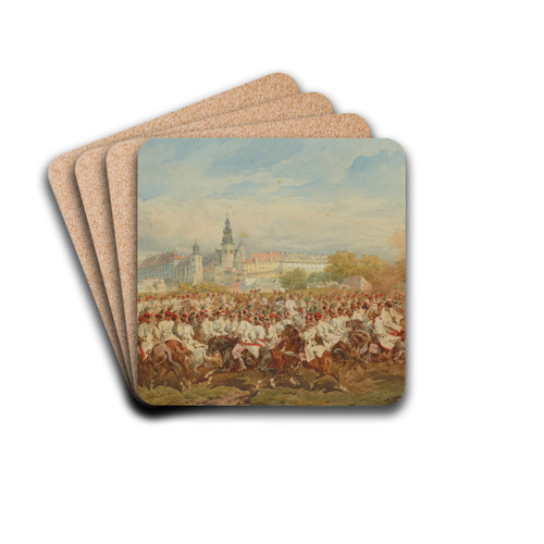 Krakow Cavalry Honour Escort Accompanying the Emperor on His Ride Through the Bonia Meadows by Juliusz Kossak Drink Coasters - set of 4 Krakow Cavalry Honour Escort Accompanying the Emperor on His Ride Through the Bonia Meadows by Juliusz Kossak Drink Coasters - set of 4