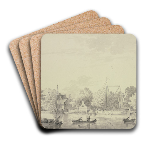 Dorf am Ufer eines Flusses, Schiffe liegen am Ufer und vier Boote fahren auf dem Fluss by Hendrik Tavenier Art Drink Coaster set
