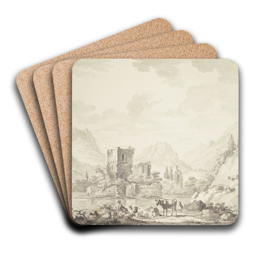 Auf einer Insel in einem Flu eine Ruine, von hohen Bergen umgeben, vorne ein Hirte mit einigem Vieh by Jean George Teissier Art Drink Coaster set