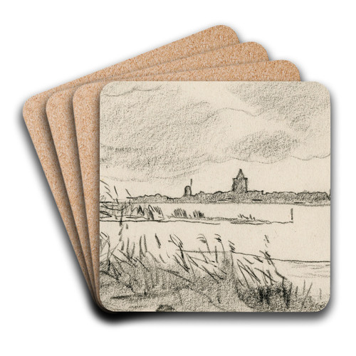 Gezicht op dorp aan een meer by Adolf le Comte Art Drink Coaster set