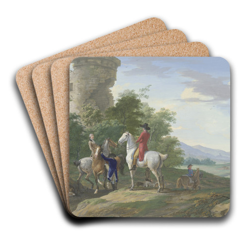 Jger mit Pferden und Jagdhunden machen bei einer Ruine halt by Johann Georg Pforr Art Drink Coaster set