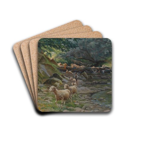 Schafherde und kleine Hirten am Bachufer by Ruggero Panerai Drink Coasters - set of 4