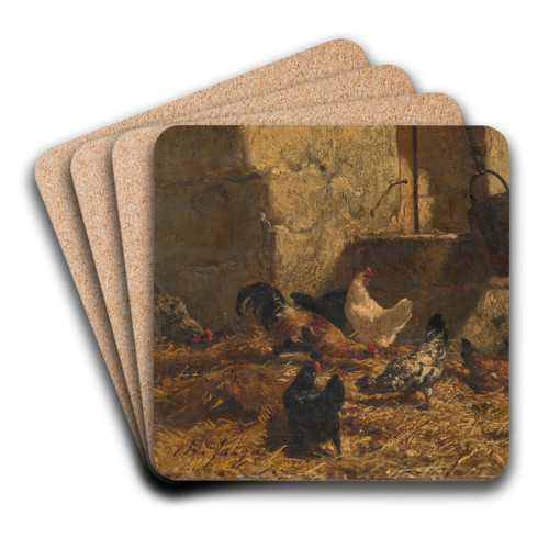 Chickens by Charles Emile Jacque Art Drink Coaster set