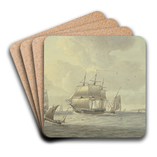 Leicht bewegte See, unter vielen Schiffen ein Dreimaster mit vollen Segeln nach links, vorne ein Segelboot by Dominic Serres Art Drink Coaster set Leicht bewegte See, unter vielen Schiffen ein Dreimaster mit vollen Segeln nach links, vorne ein Segelboot by Dominic Serres Art Drink Coaster set