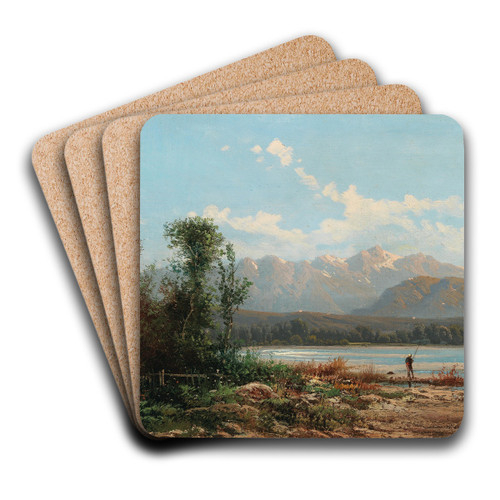 A Mountainous Lake Landscape with Fisherman by Alfred Godchaux Art Drink Coaster set