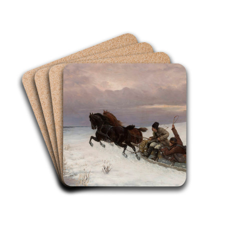 Riding in a sleigh by Jzef Jaroszyski Drink Coasters - set of 4 Riding in a sleigh by Jzef Jaroszyski Drink Coasters - set of 4