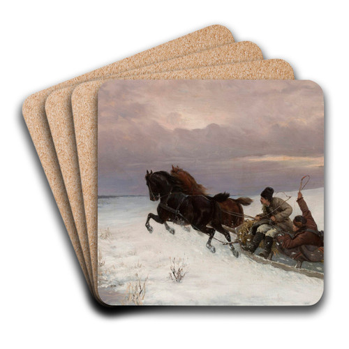 Riding in a sleigh by Jzef Jaroszyski Art Drink Coaster set Riding in a sleigh by Jzef Jaroszyski Art Drink Coaster set